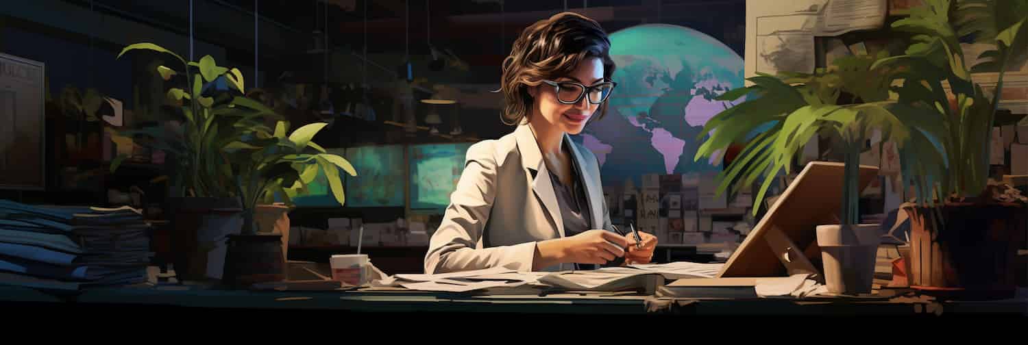 A digital woman reading computer-generated botany news