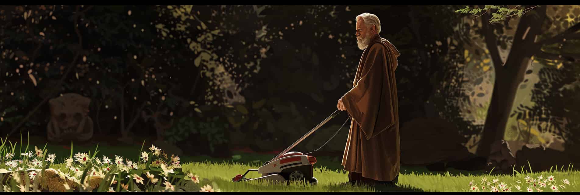 Obi-Wan mows a lawn.