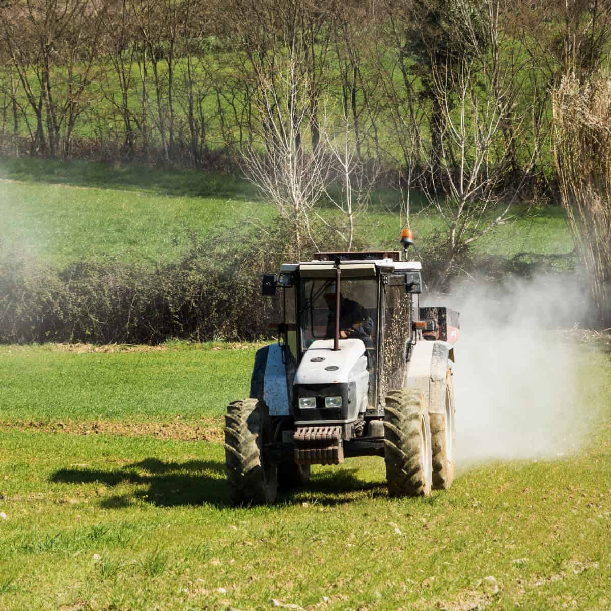 A tractor spreads fertiliser over a field on a sunny day.
