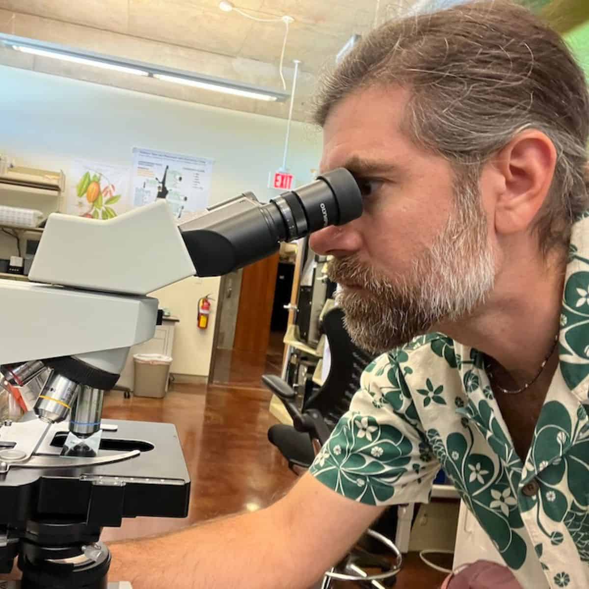 A bearded man peers into a confocal microscope.